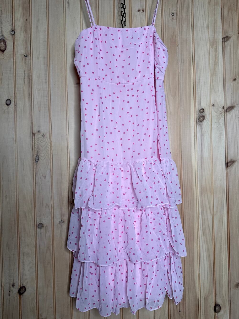 NWT Lulus Nellie Pink Polka Dot Ruffled Tiered Midi Dress XL